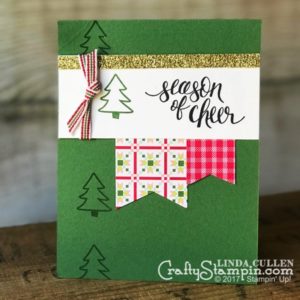 Watercolor Christmas Season of Cheer | Stampin Up Demonstrator Linda Cullen | Crafty Stampin’ | Purchase your Stampin’ Up Supplies | Watercolor Christmas Stamp Set | Quilted Christmas Designer Series Paper | Gold Glimmer Paper | Quilted Christmas 1/4 Ribbon