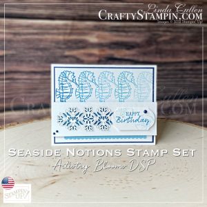 Coffee & Crafts: Seaside Notion Happy Birthday | Stampin Up Demonstrator Linda Cullen | Crafty Stampin’ | Purchase your Stampin’ Up Supplies | Seaside Notions Cling Stamp Set (En) [149278] | Artistry Blooms Designer Series Paper [152495] | Night Of Navy Stampin' Blends Combo Pack [154891] | Stitched Be Mine Dies [148527] | Perfect Parcel Dies [149627] | Stitched Shapes Dies [145372] | Timeless Label Punch [149516] | Pearl Basic Jewels [144219] | Stamparatus [146276] |