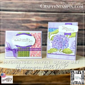 You Can Create It - International Inspiration - February 2021 | Stampin Up Demonstrator Linda Cullen | Crafty Stampin’ | Purchase your Stampin’ Up Supplies | Hydrangea Haven Photopolymer Stamp Set [154470] | Hydrangea Hill Designer Series Paper [154570] | Tasteful Textile 3D Embossing Folder [152718] | Hydrangea Dies [154326] | Tasteful Labels Dies [152886] | Stitched Rectangle Dies [148551] | 3/8" (1 Cm) Gorgeous Grape Sheer Ribbon [154572] |